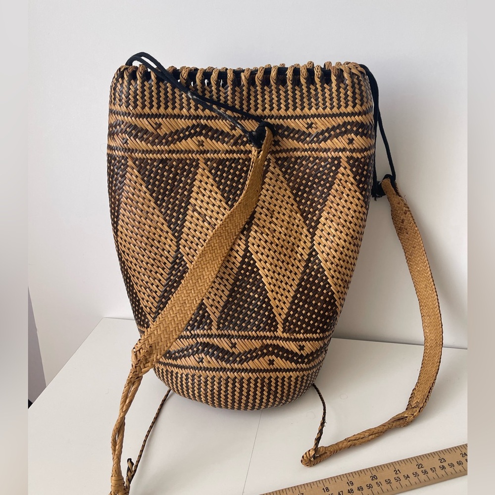 Rattan AJAT BASKET Wicker Backpack Sling Bag Argyle Pattern Woven